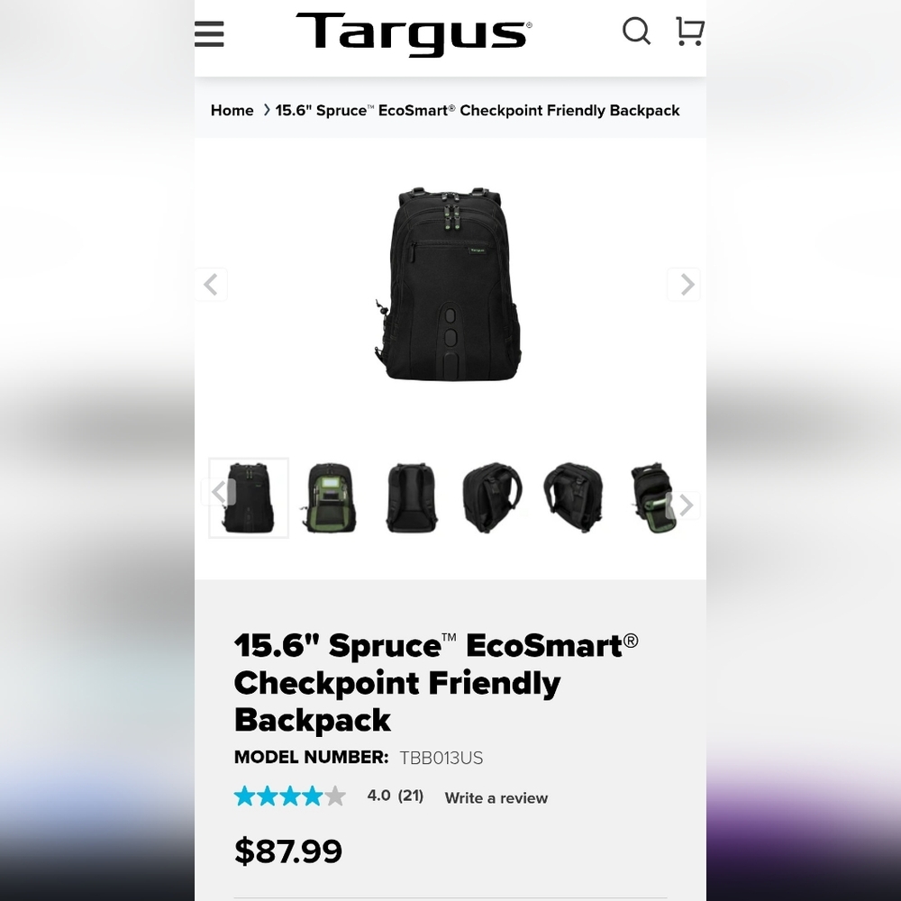 NWT Targus Black Backpack with White Logo Accents